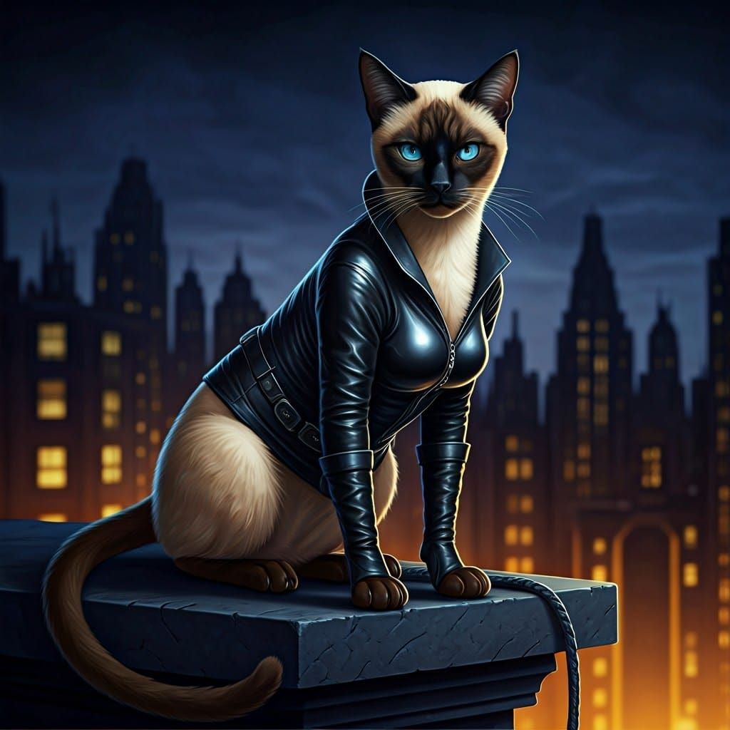 Sleek Siamese Catwoman in Gotham City