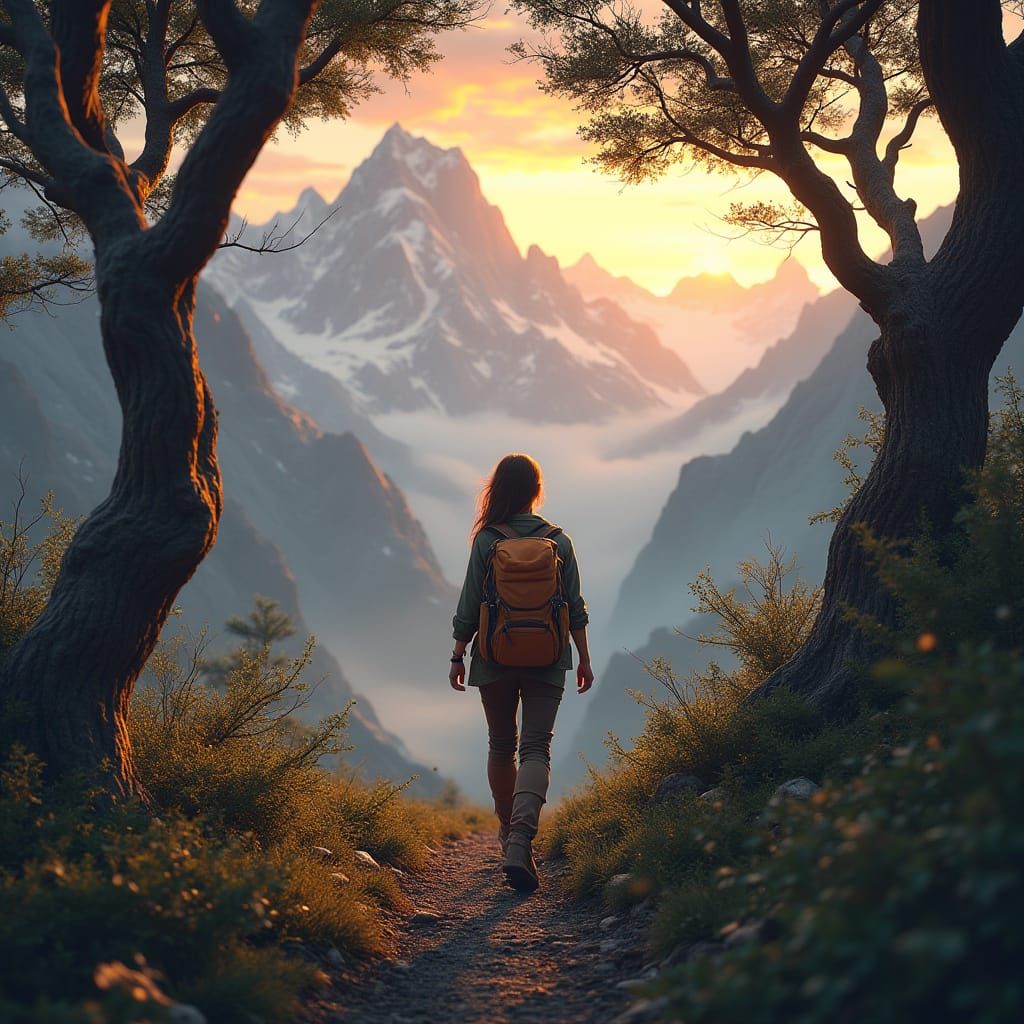 Ethereal Sunset Landscape with Ancient Trees and Majestic Mo...