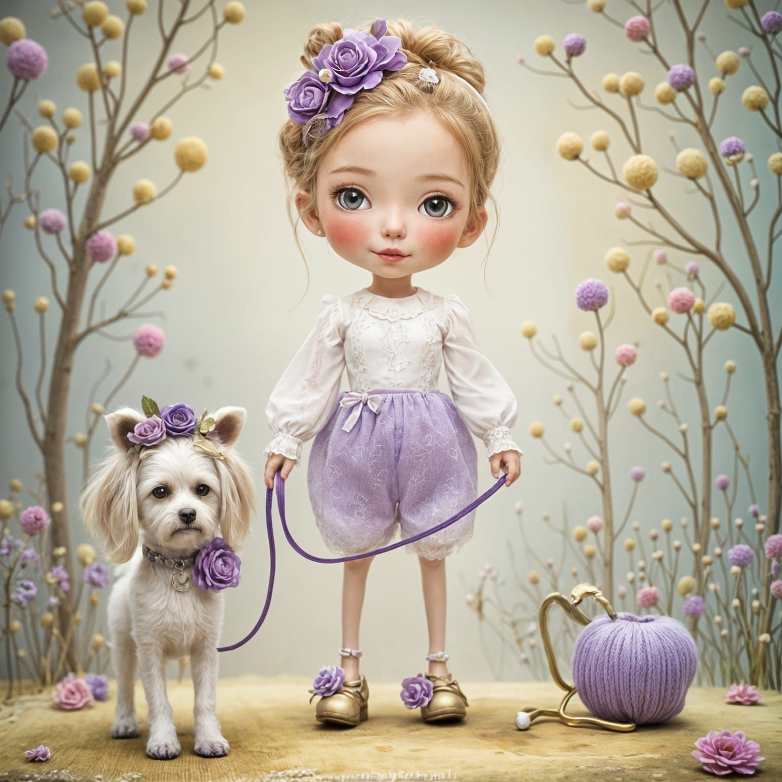 Whimsical Toddler in Lavender Romper with Maltese Dog