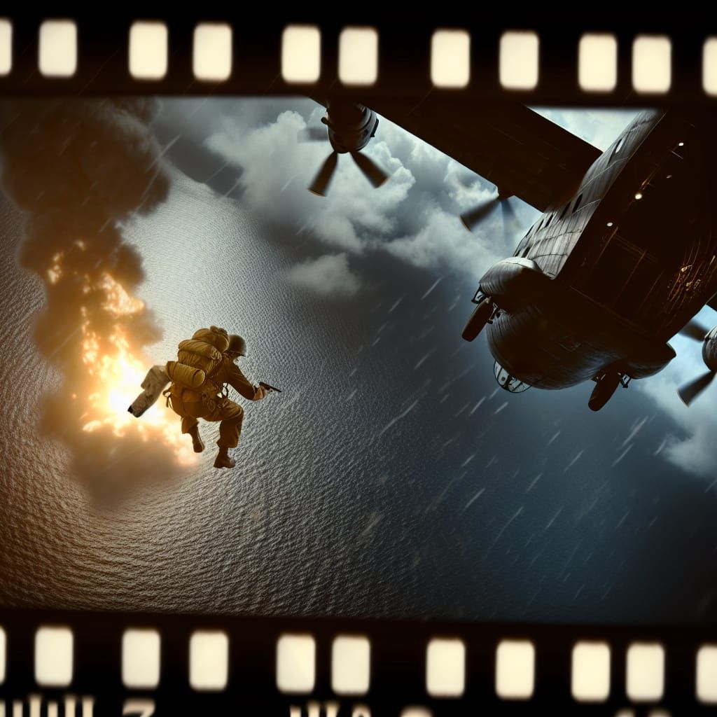 WWII Paratrooper Mid-Air Jump from Damaged Plane