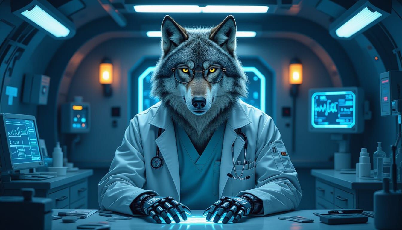 Cyberpunk Wolf Doctor in Neon Clinic
