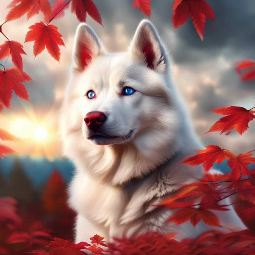 Blue-Eyed Husky Puppy in Autumnal Landscape