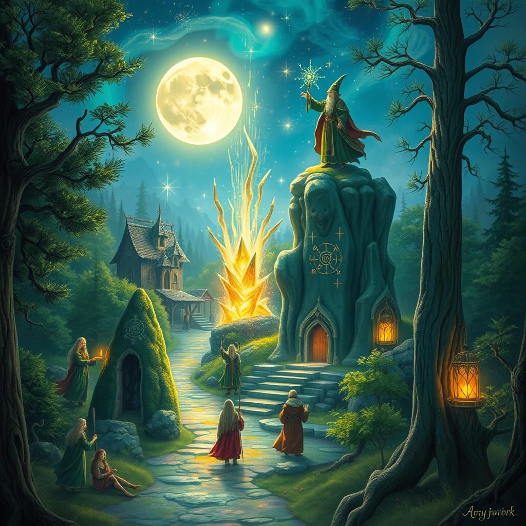 Enchanting Elven Village with Wizard, Fantasy Art