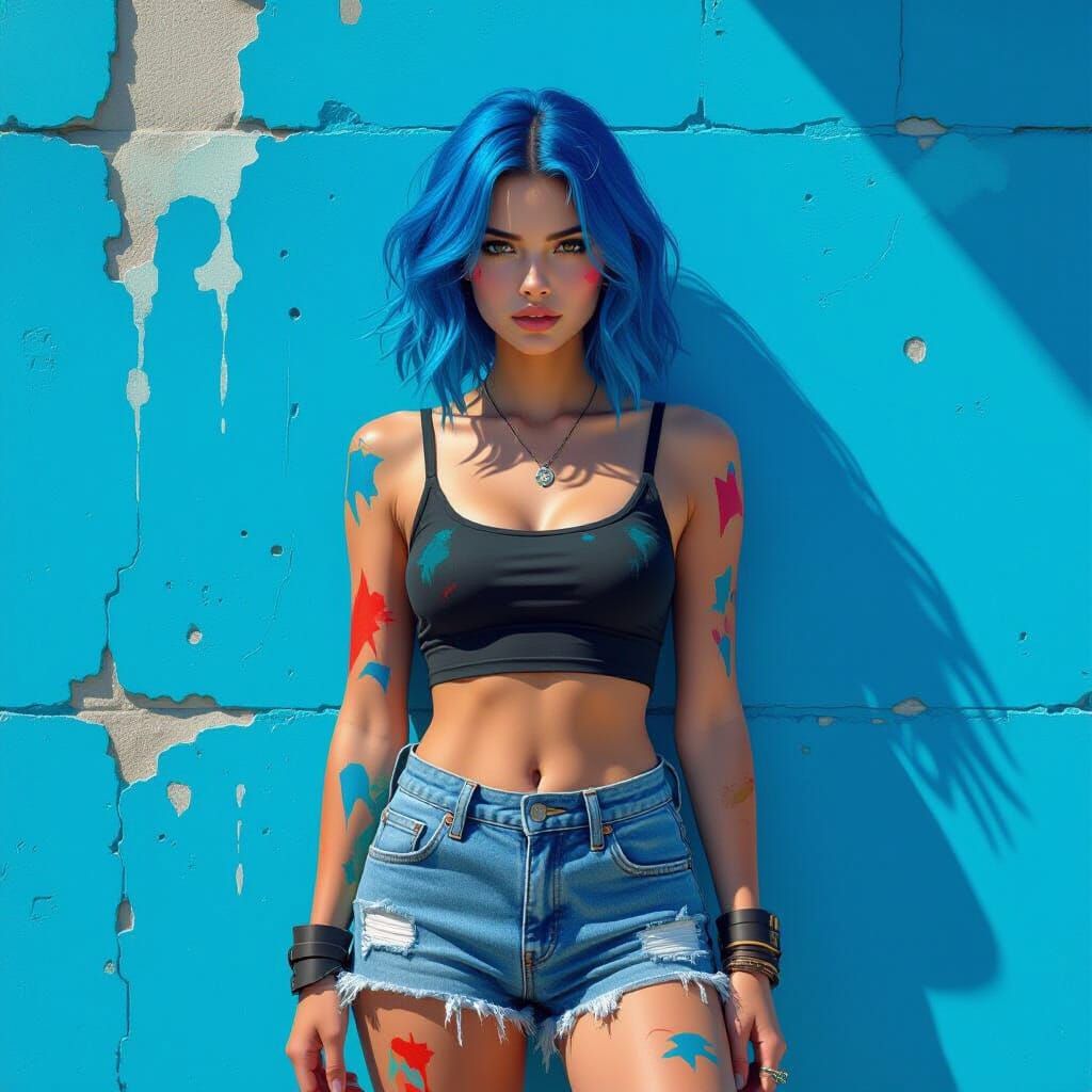 Defiant Woman Against Blue Wall, Digital Matte Painting