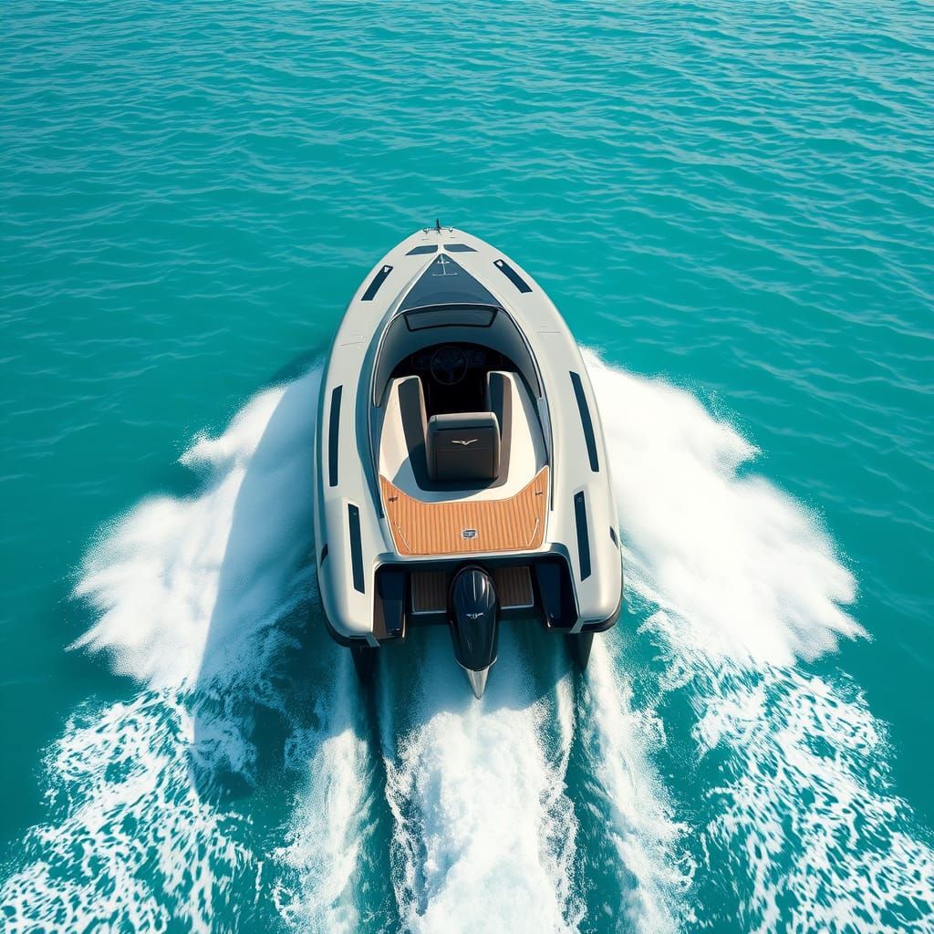 Turbocharged Speedboat Rips Across Calm Waters in Futuristic...