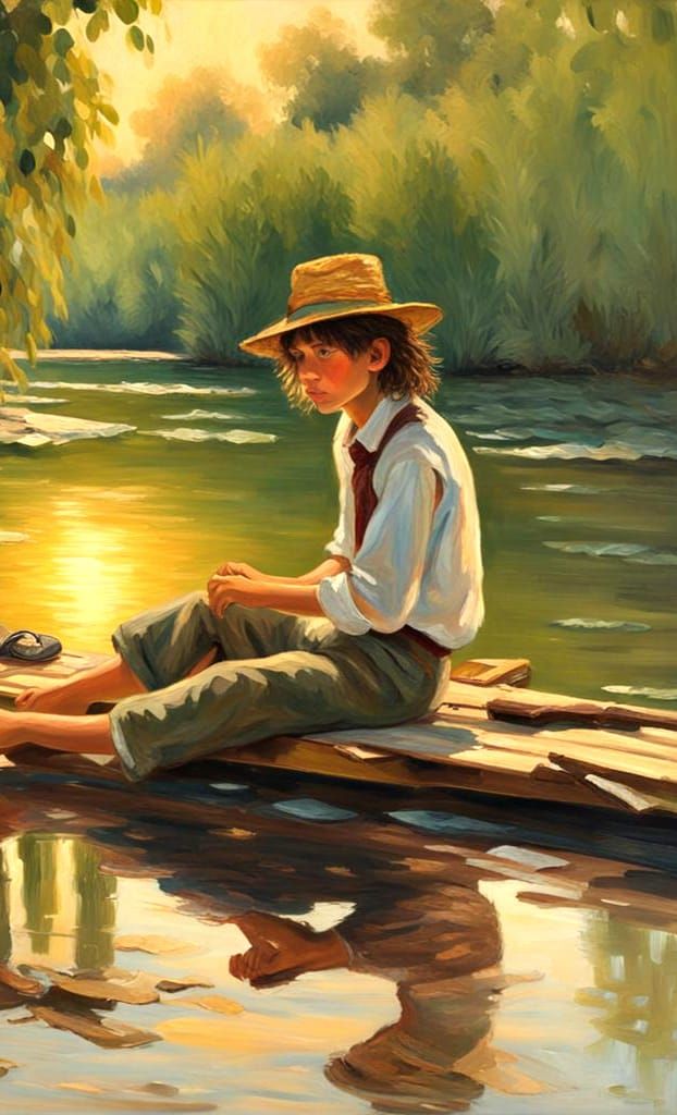 Huckleberry Finn on River, Oil Painting Style