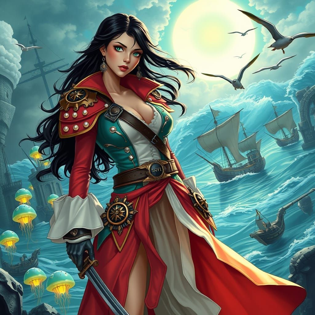 Oceanpunk Pirate with Bioluminescent Lanterns, in Syd Mead S...