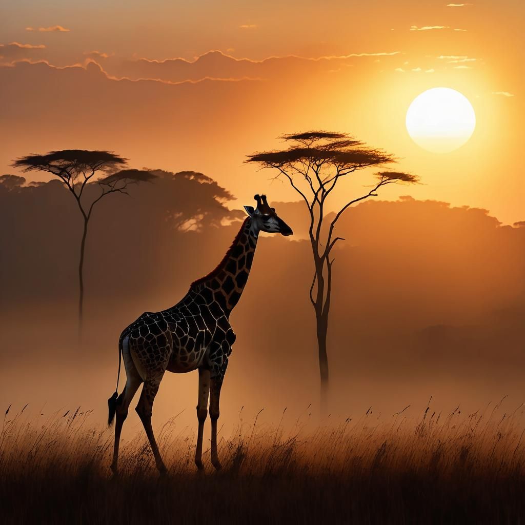 Giraffe in Moody Watercolour Landscape One Line Art