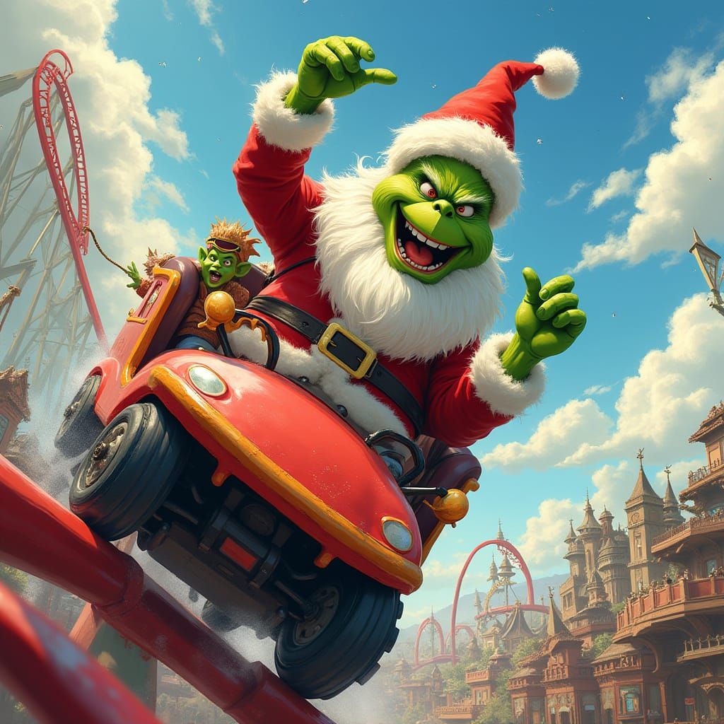 Santa and Grinch Ride a Roller Coaster