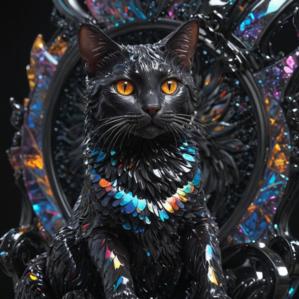 Glass Cat Portrait on Obsidian Throne