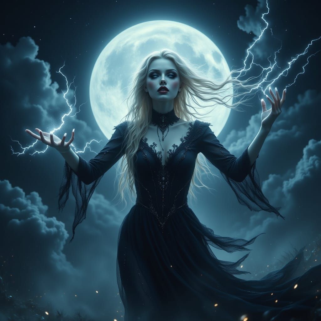Powerful Witch Floats Above Earth Under Full Moon