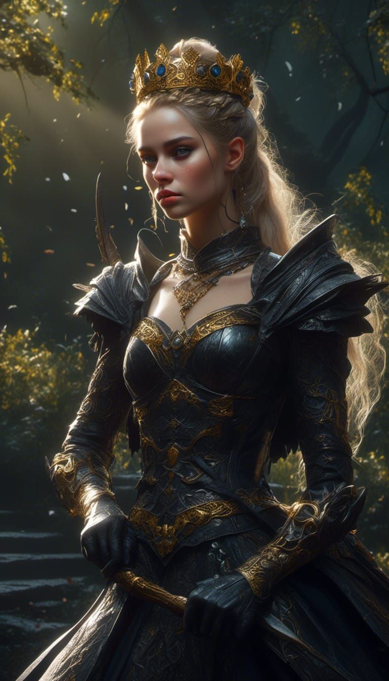 Dark fantasy princess with heterochromia, adorned with a crown and a circlet, and sporting a distinctive ponytail, wears...