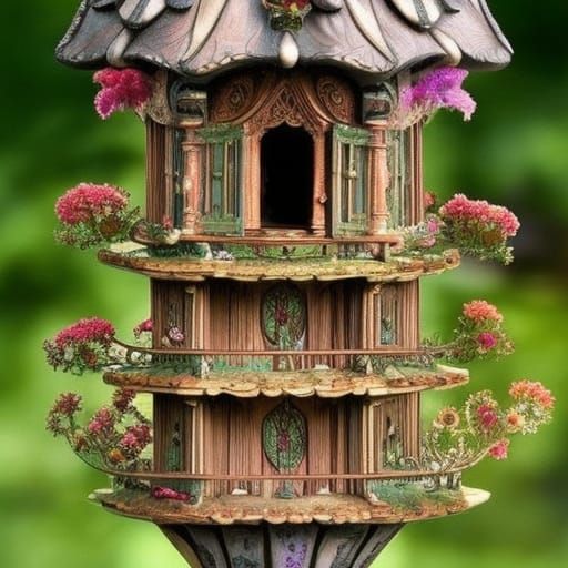 Ornate Birdhouse in Rococo Art Nouveau Garden
