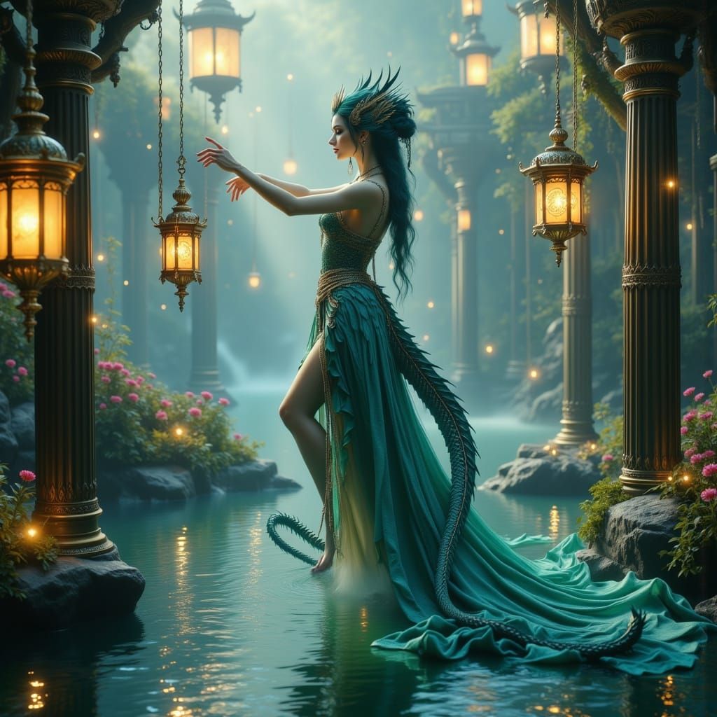 Dragon Woman Dances in Waterfall, Art Nouveau Style