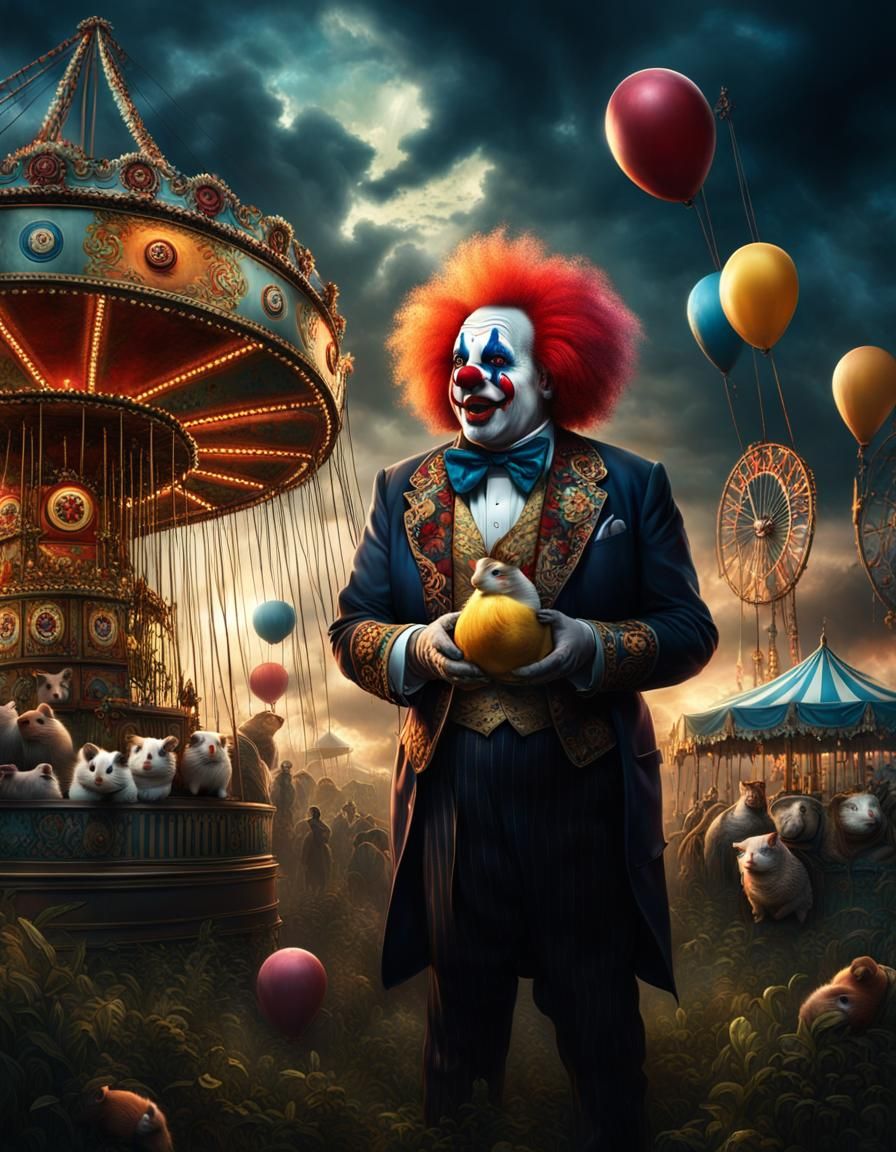 Undead Clown Juggling Guinea Pigs in Decaying Fairground