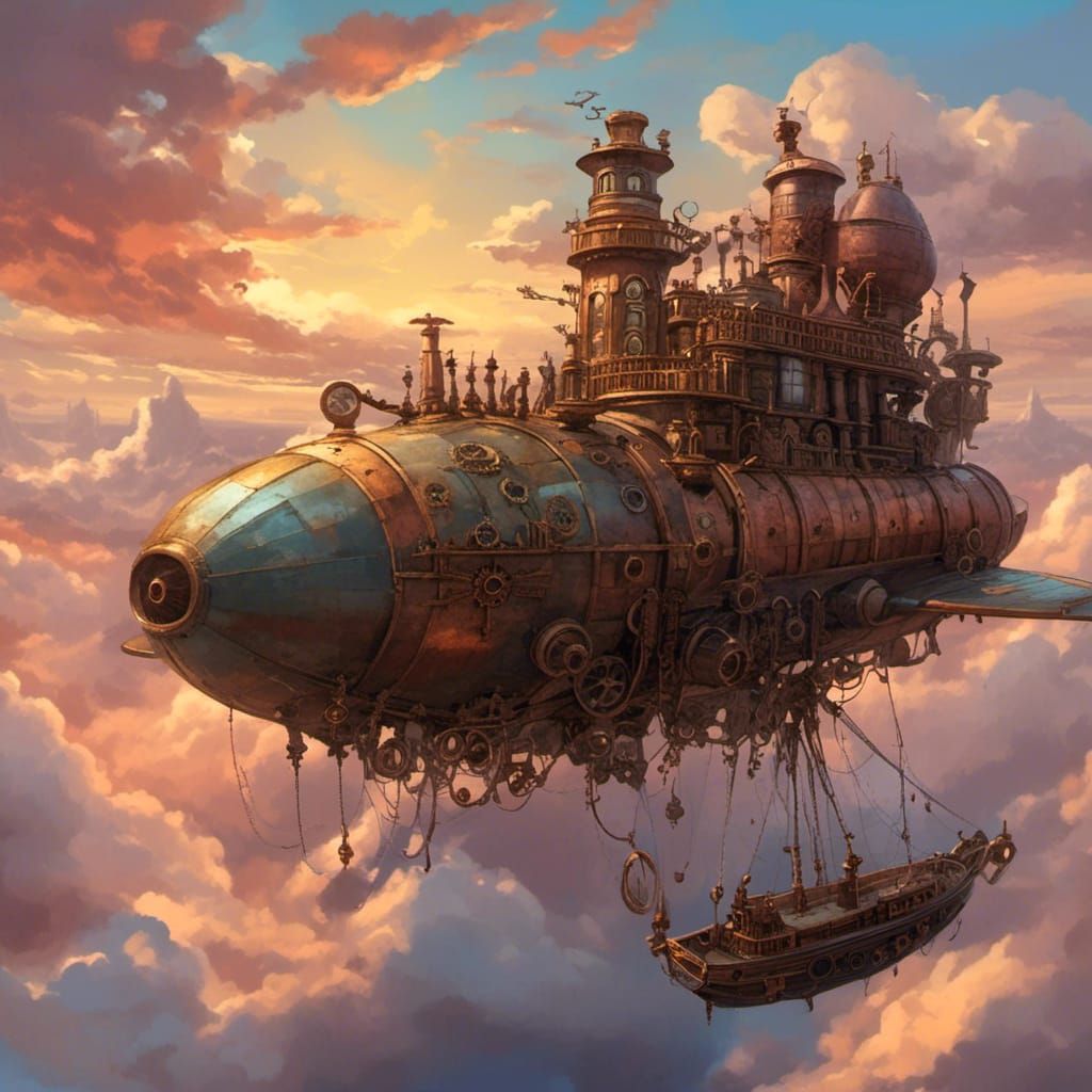 Steampunk Zeppelin in Cartoon Sunset Sky