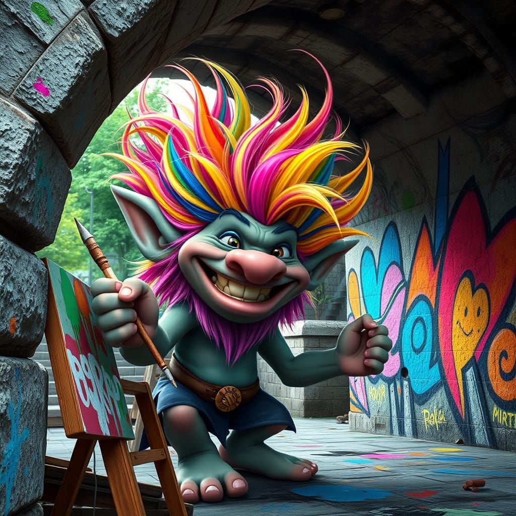 Rainbow Troll Paints Whimsical Bridge Art