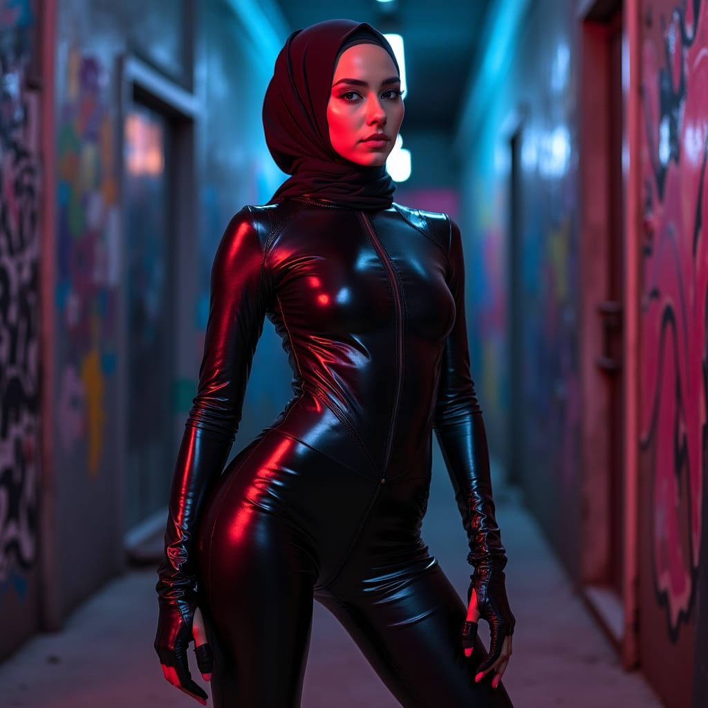 Sleek Hijabi Woman in High-Shine Latex Catsuit, Cyberpunk Ed...