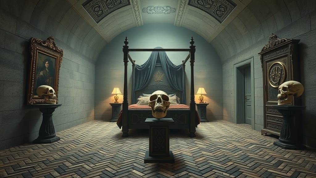 Mystical Chamber with Bone Herringbone Pattern and Ornate Fu...