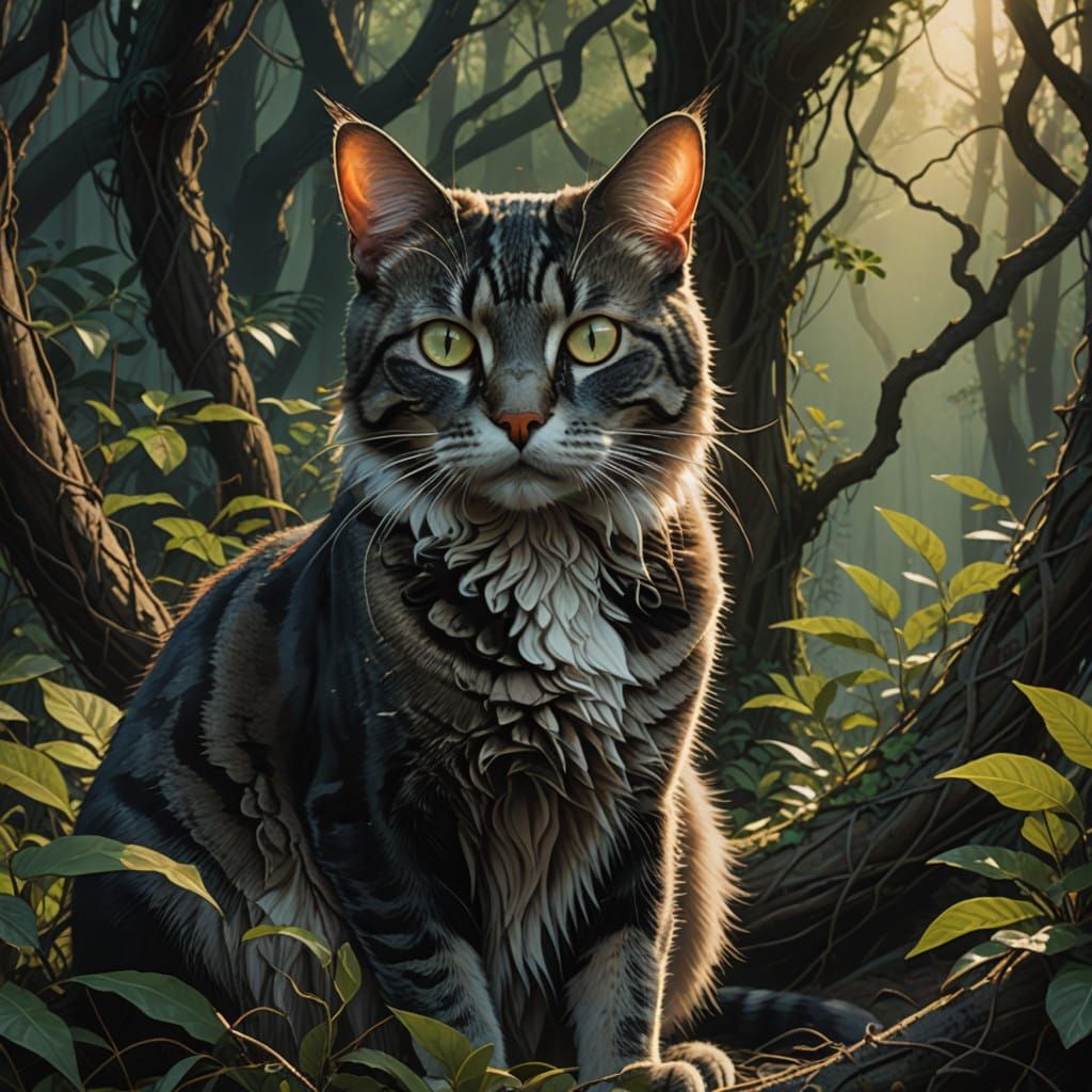 Regal Cat Amidst Twisted Tree Trunks in Moody, Golden Light