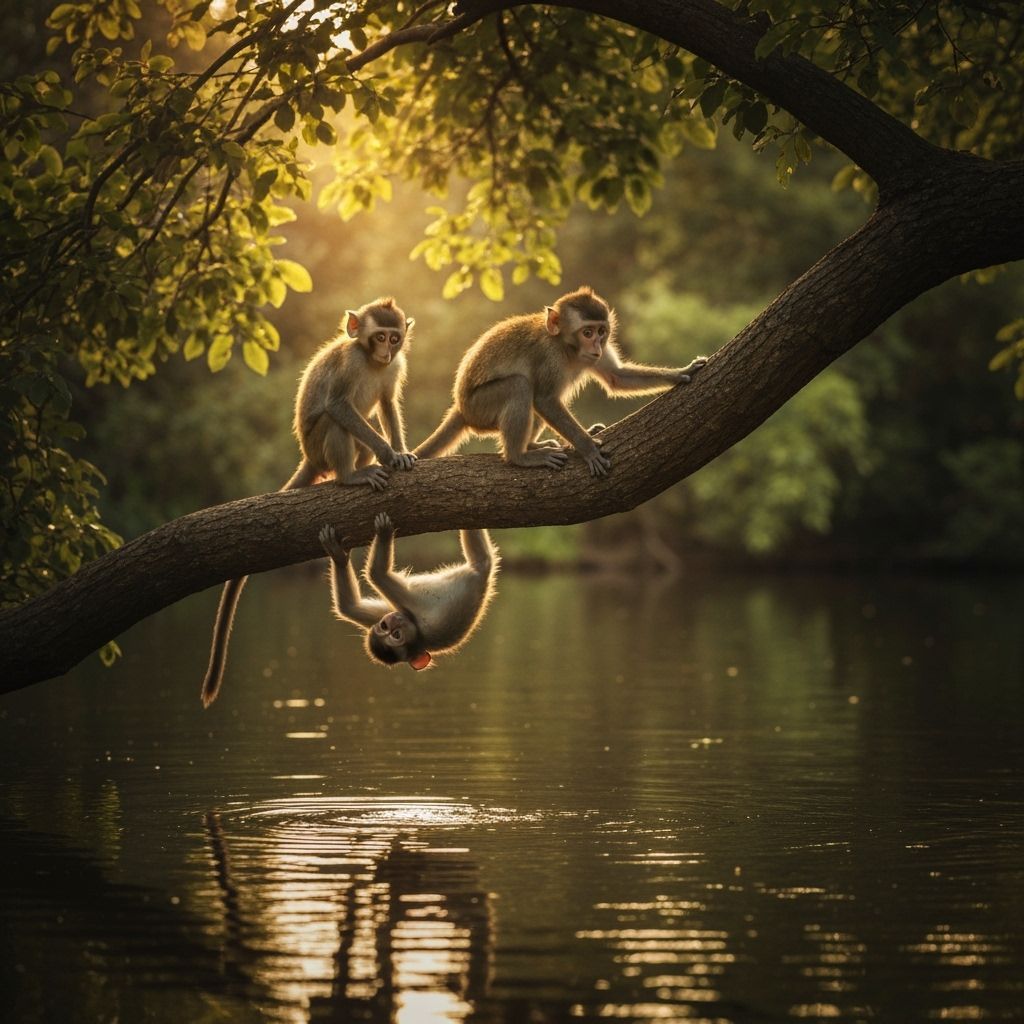 Playful Monkeys on Tree Branch at Sunset, Photorealistic