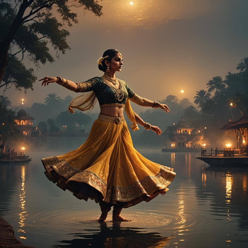 Kathak Dancer Lakeside Performance in Raja Ravi Varma Style