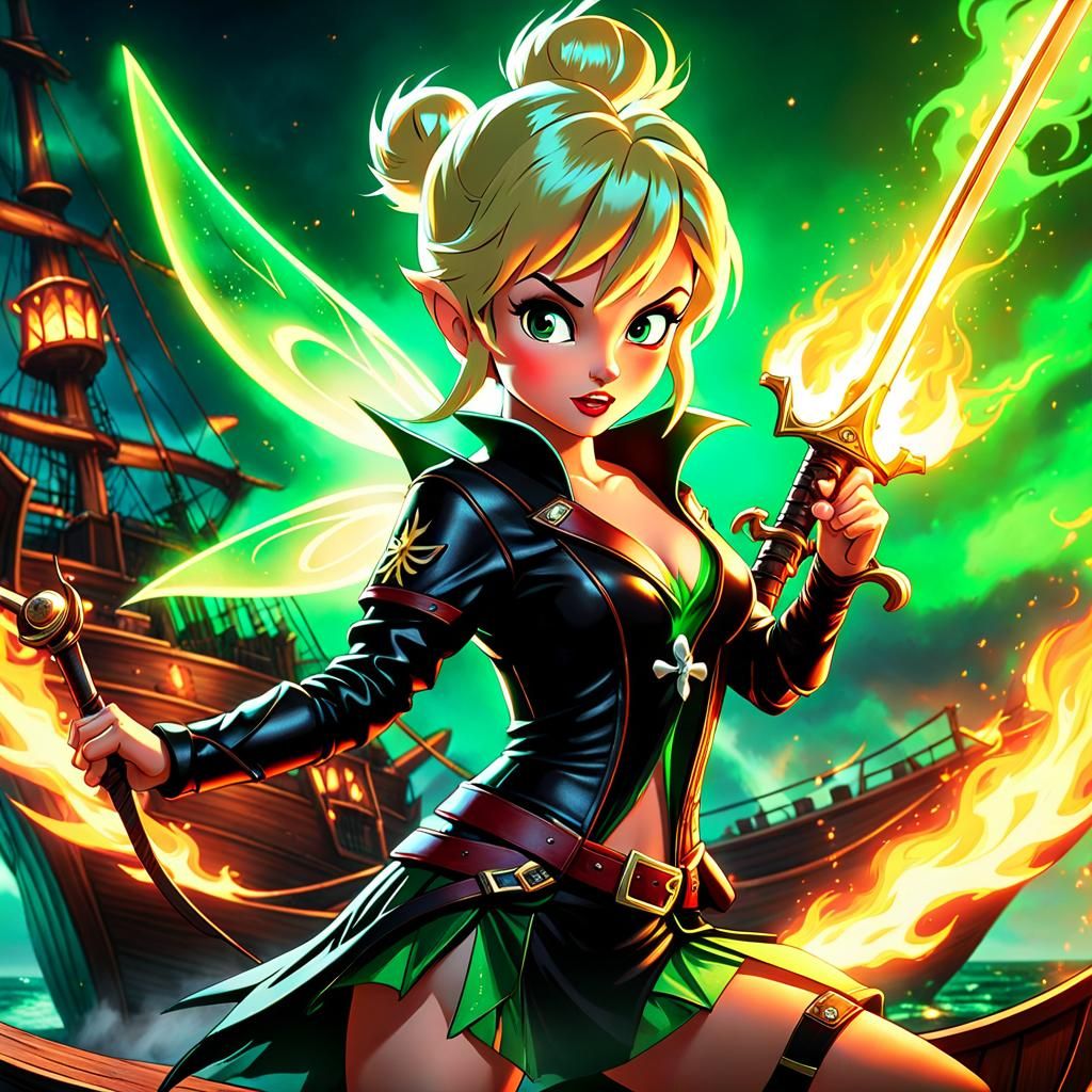 Tinkerbell Battles Captain Hook in Dark Fantasy Style