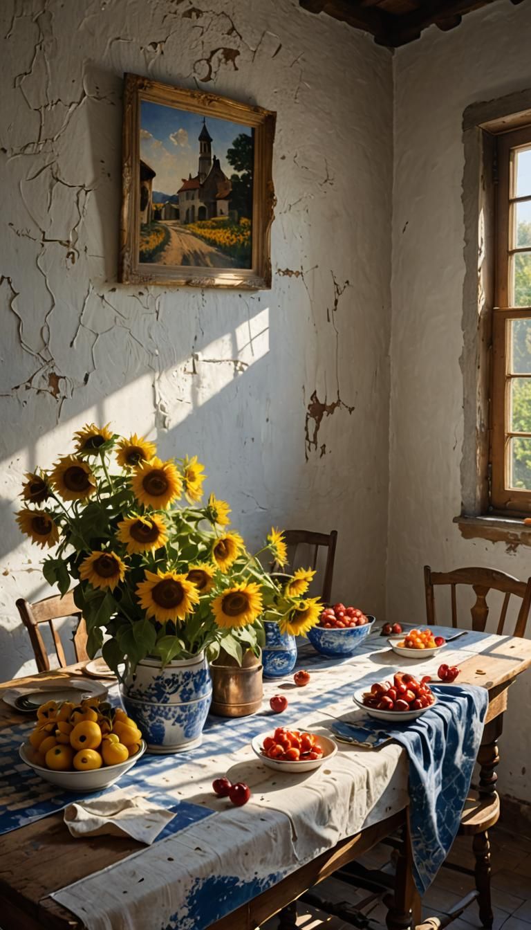 Sunflowers and Cherries Still Life in Magical Realism