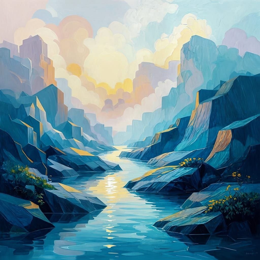 Melting River of Time in Abstract Cubism Style