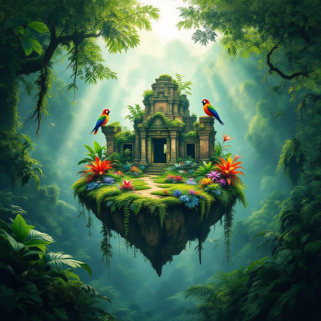 Floating Jungle Island with Ancient Ruins and Exotic Birds