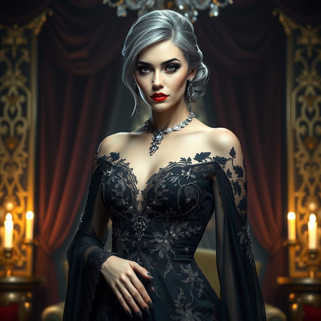 Seductress in Black Gown with Smoky Eyes, in Art Nouveau Sty...