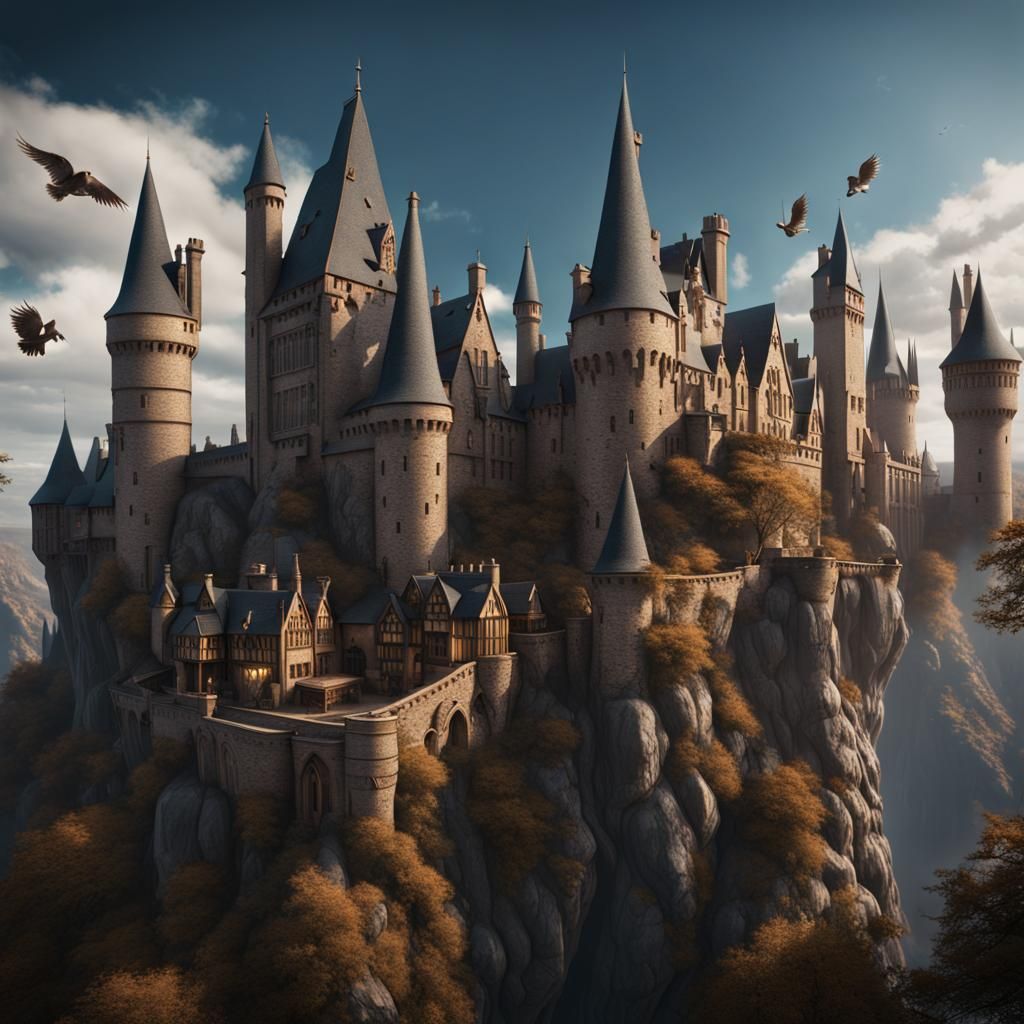 Griffin Soaring Over Hogwarts: Detailed Matte Painting