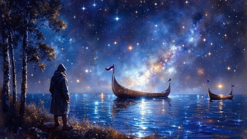 Wanderer Gazes at Starry Sky with Celestial Caravels