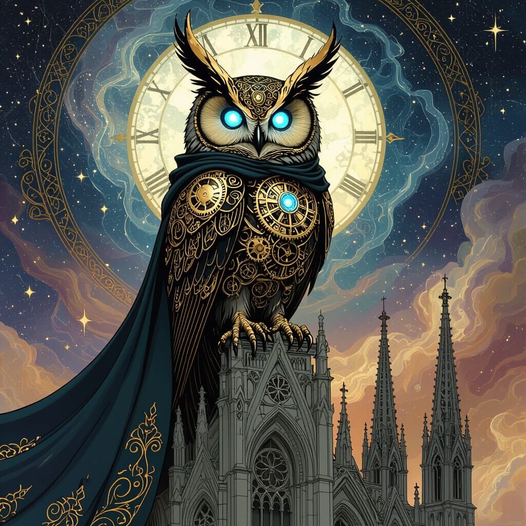 Clockwork Owl Perched on Gothic Cathedral in Art Nouveau Sty...