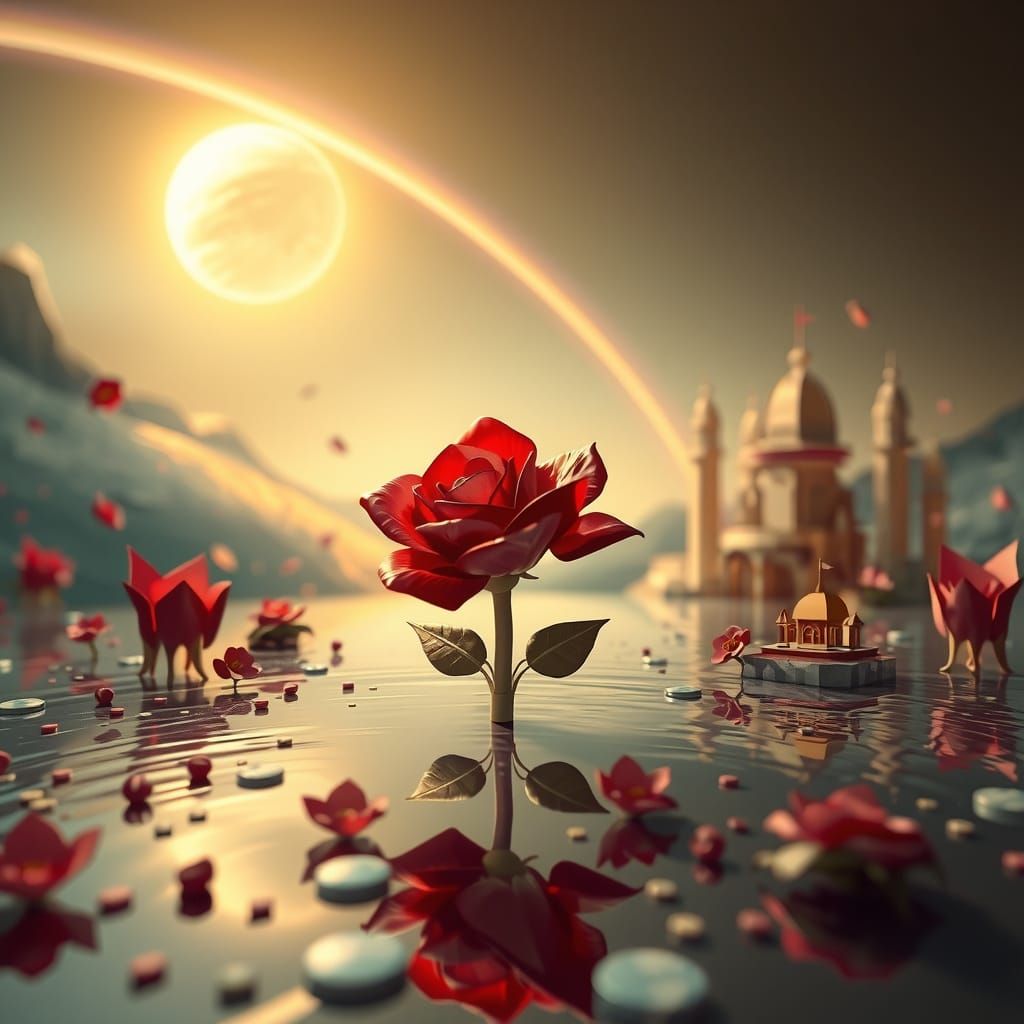 Surreal Rose Blooms in Dreamlike Landscape with Origami Buil...
