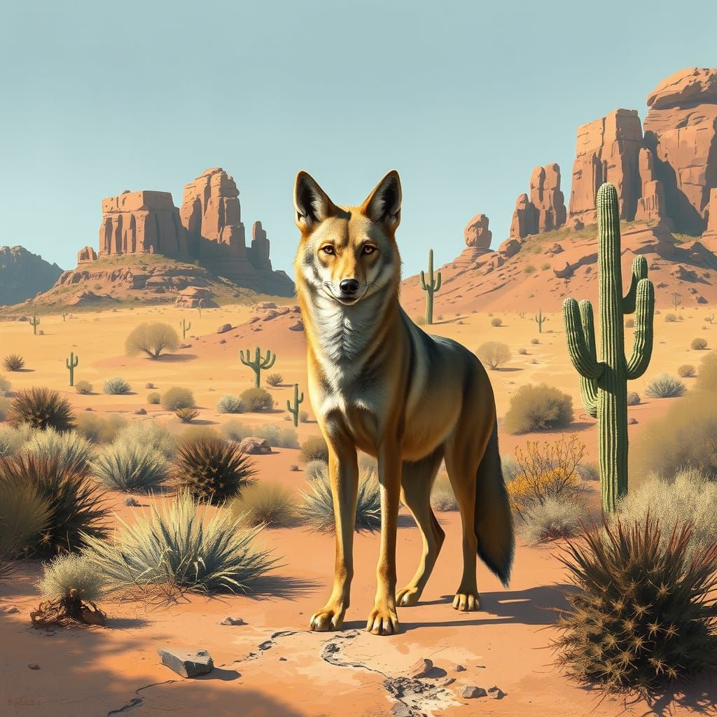 Coyote in Desert Landscape, Stylized Illustration