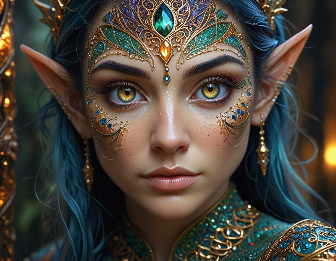 Enigmatic Elf Portrait in Zentangle Fractal Art