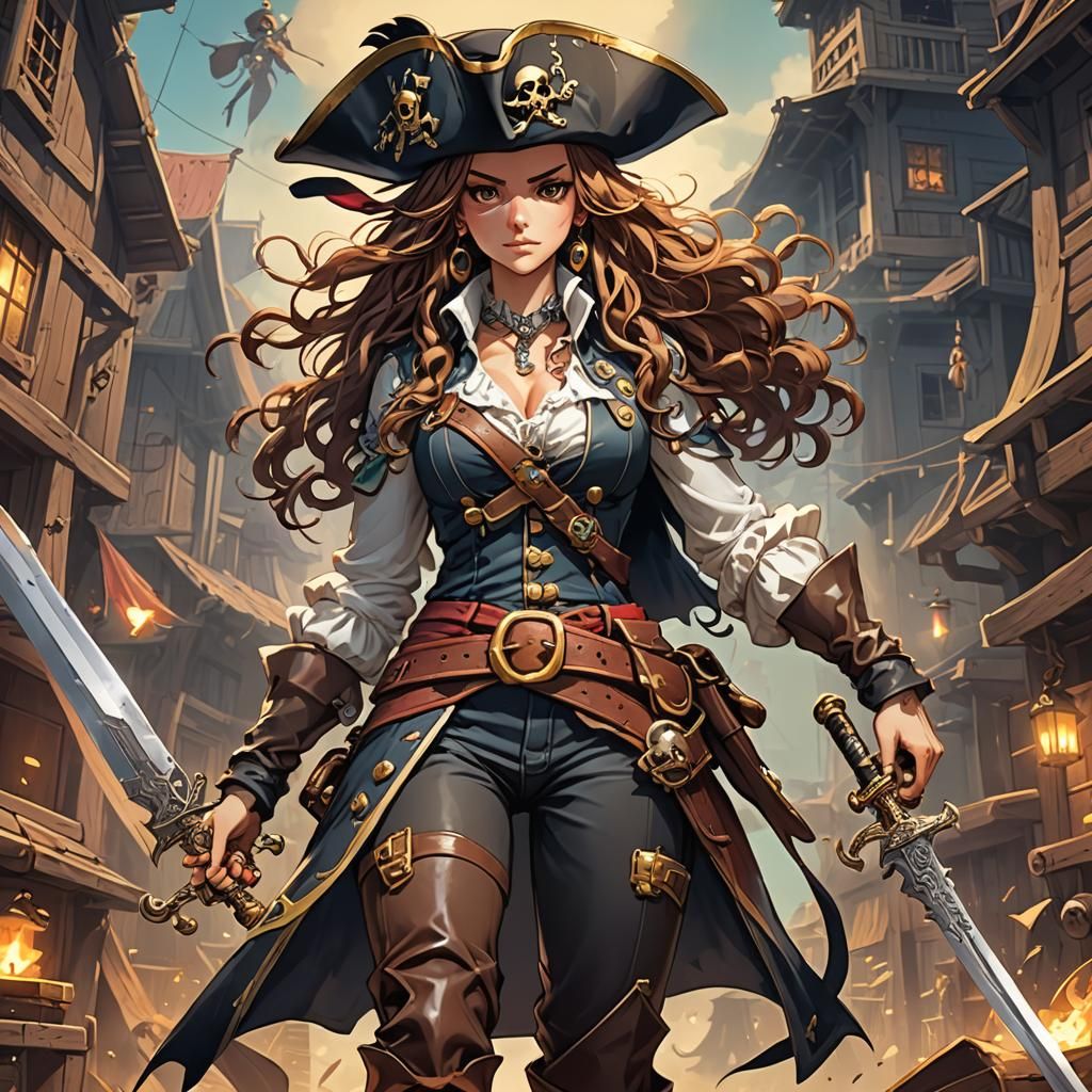 Anime-Style Female Pirate with Auburn Hair