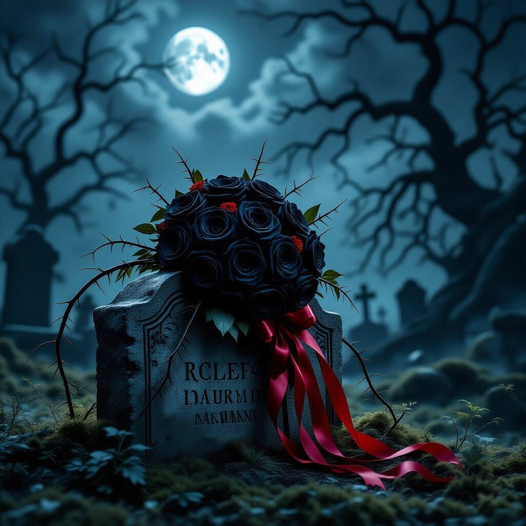 Gothic Bouquet on Gravestone Under Eerie Moonlight