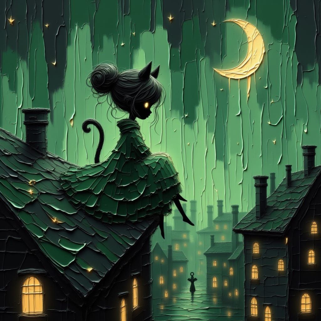 Enchanted Black Cat on Rooftop in Gothic Fantasy Style