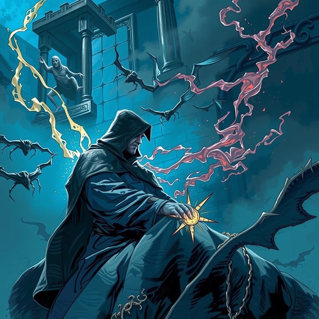 Dark Fantasy Mage Casting Spells in Mystical Chamber