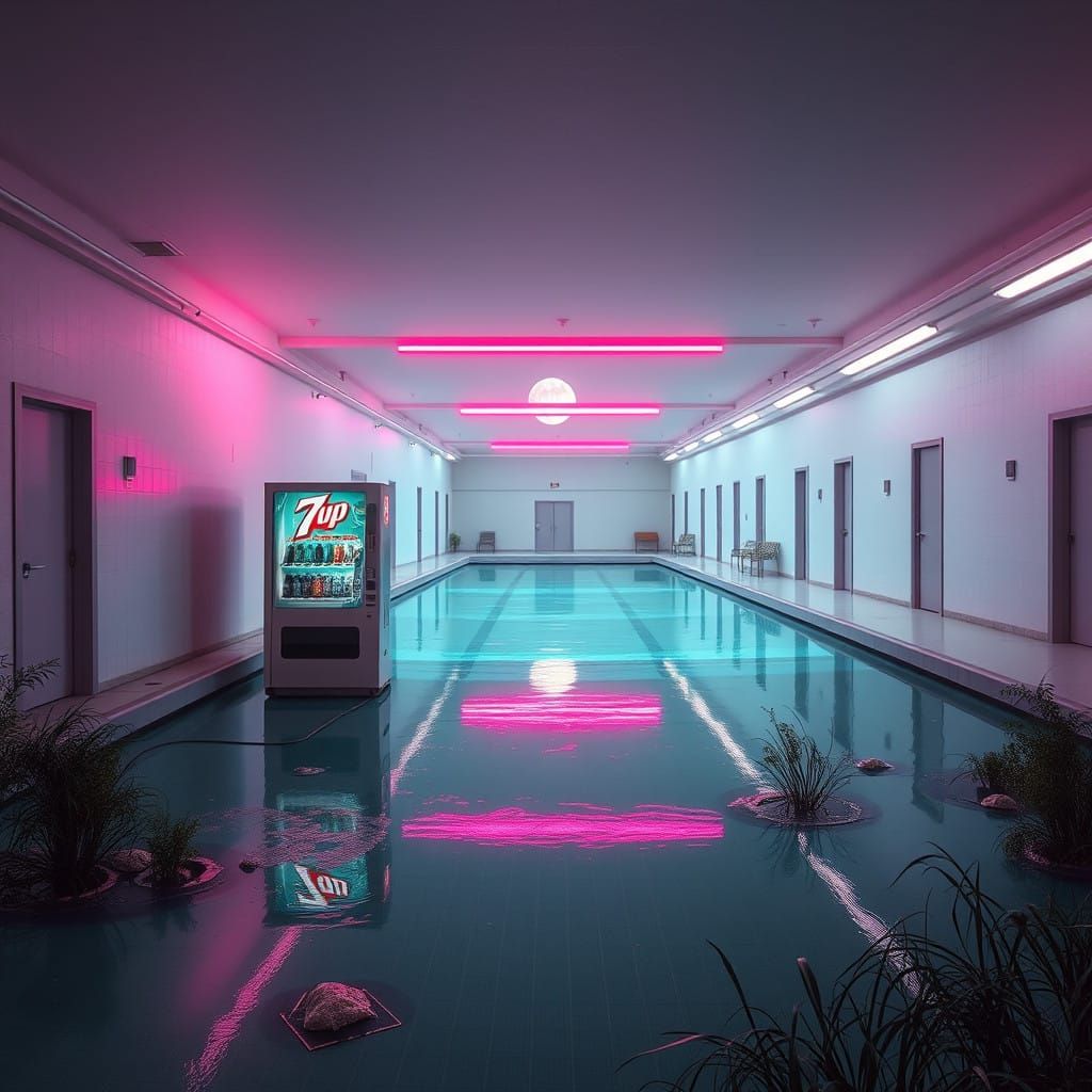 Retro Futuristic Abandoned Swimming Pool at Night