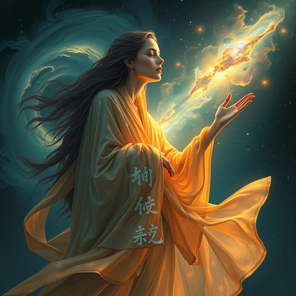 Ethereal Woman in Luminous Robes Contemplates Celestial Drea...