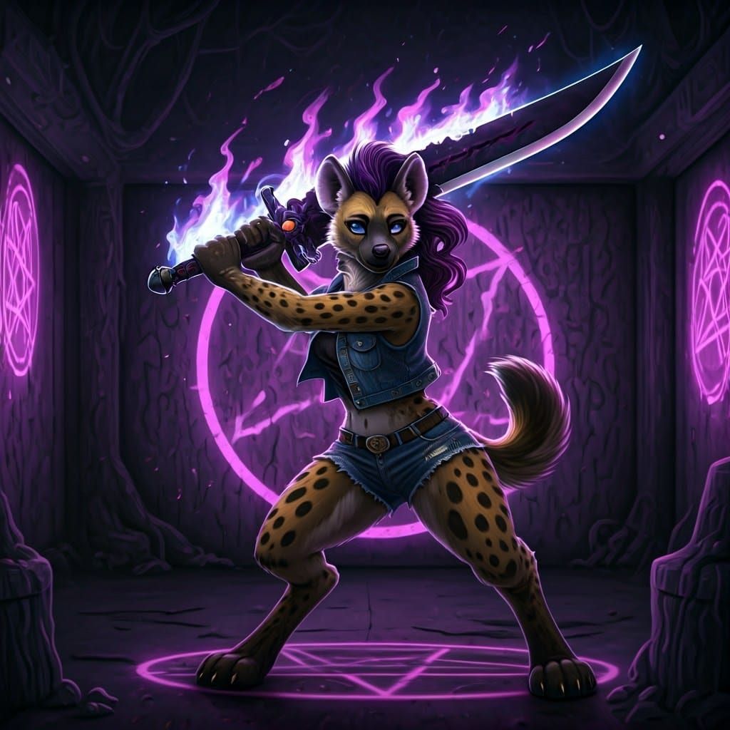 Anthropomorphic Hyena Swings Fiery Claymore in Chiaroscuro