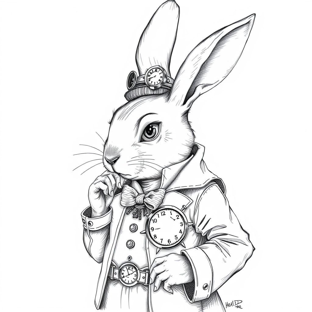 A clockpunk White Rabbit from Alice in Wonderland, with a clock incorporated into his clothes. pencil drawing, crosshatc...