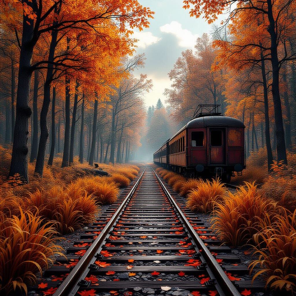 Abandoned Train in Autumn Forest