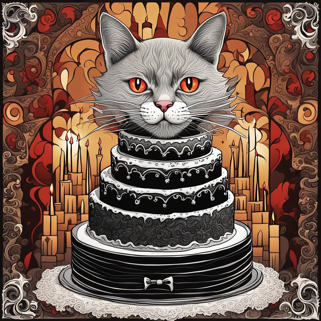 Ginger Cat Dracula with Birthday Cake in Gothic Style
