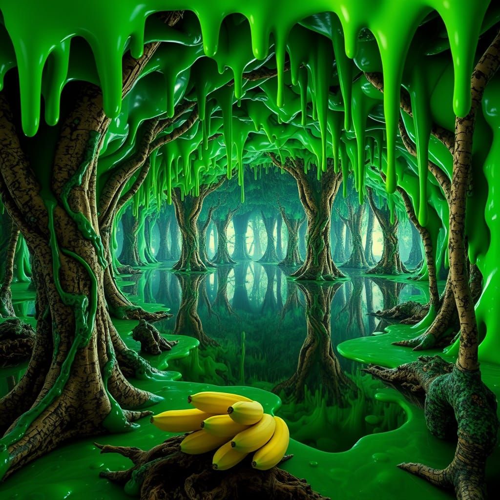 Infinite Mirror Jungle With Slime and Glitch Art