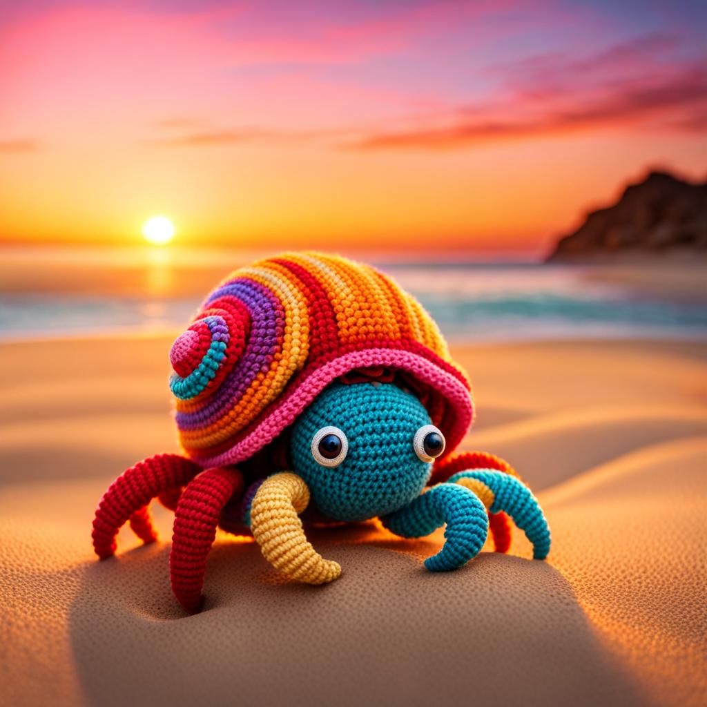 Crochet Hermit Crab on Sandy Beach at Sunset