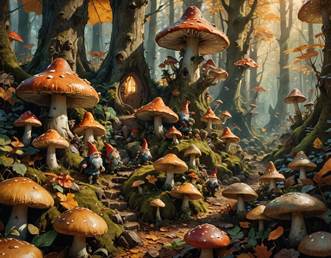 Gnomes and Fairies in Enchanted Autumn Forest